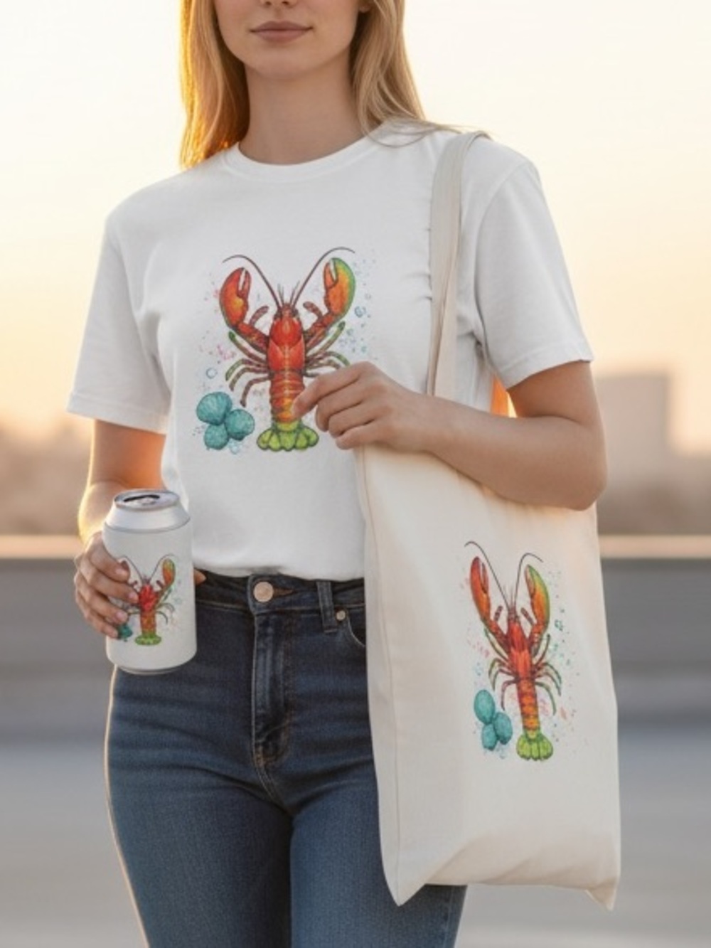 Beach set t-shirt, bag and koozie. New S M L XL turtle, lobster, crabs